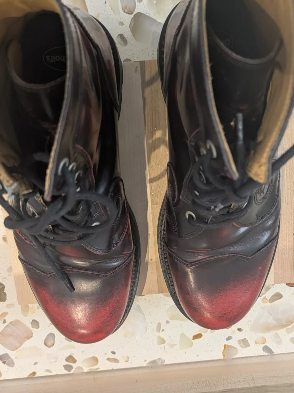 John Fluevog Derby Swirl 6-Eye Boots - Burgundy Rub-Off - Men's 10.5 Womens 12.5
